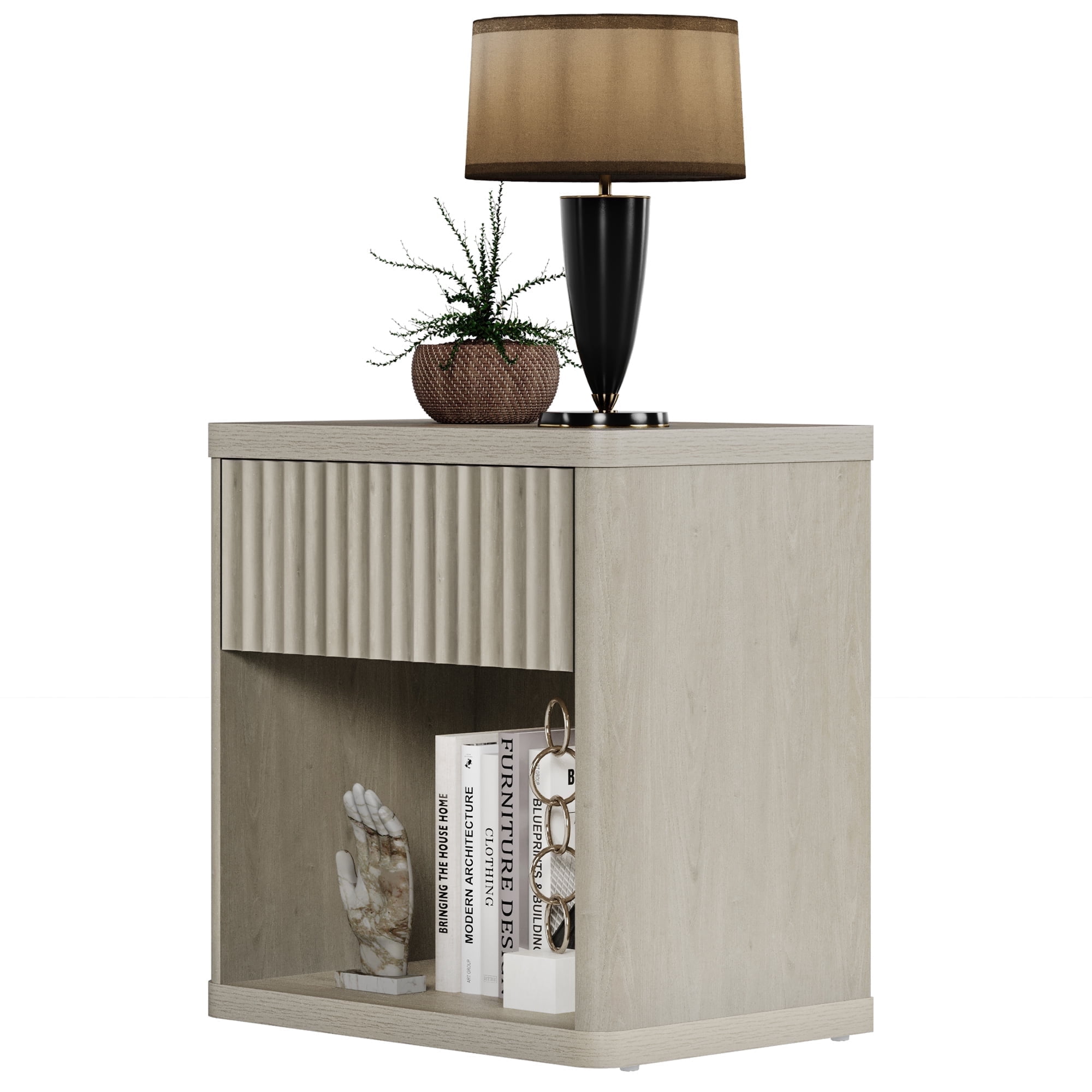 SICOTAS Fluted Nightstands for Bedroom, Farmhouse Bedside Tables with Drawer & Open Shelf,  Wood End Table for Living Room in Light Grey