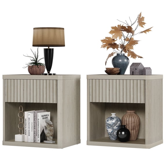 SICOTAS Fluted Nightstands for Bedroom Set of 2, Farmhouse Bedside Tables with Drawer & Open Shelf, Wood End Table for Living Room in Light Grey