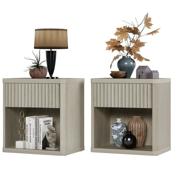 SICOTAS Fluted Nightstands for Bedroom Set of 2, Farmhouse Bedside Tables with Drawer & Open Shelf,  Wood End Table for Living Room in Light Grey