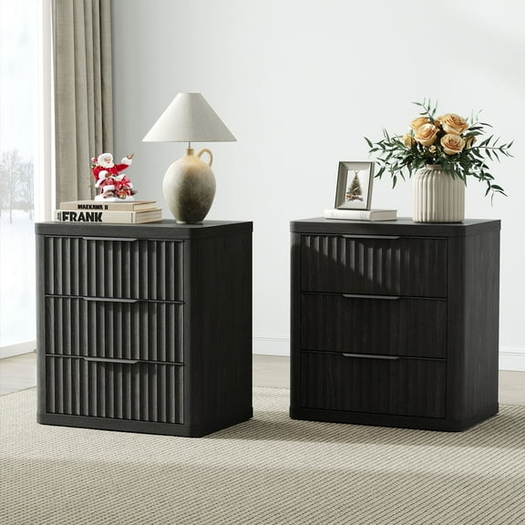 SICOTAS 26"H Tall 3 Drawer Nightstands Set 2, Small Modern Wood Bedside Table with 3 Large Fluted Drawers & Black Handles, Chest of Drawers, End Table for Bedroom Living Room, Black Alder