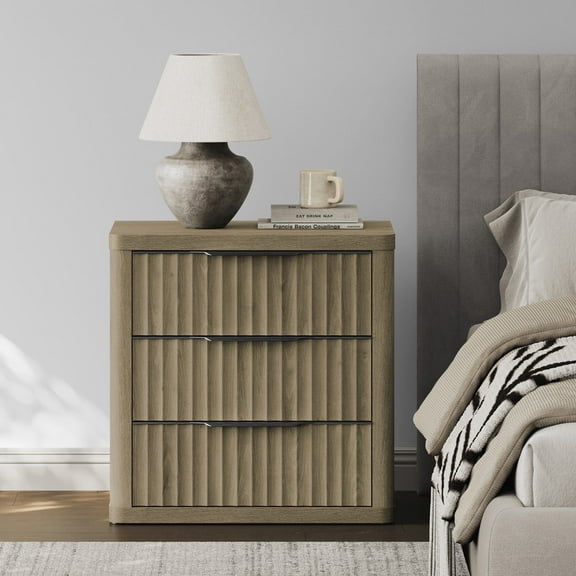 SICOTAS 23”W Farmhouse Nightstands with 3 Fluted Drawers & Black Handles, Wood Bedside Table for Bedroom, End Table for Living Room in Grey Alder