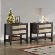 SICOTAS Large Nightstand Set of 2 for Small Space, Rattan Night Stands with 2 Drawers and Storage Shelf, Boho Bedside Ta