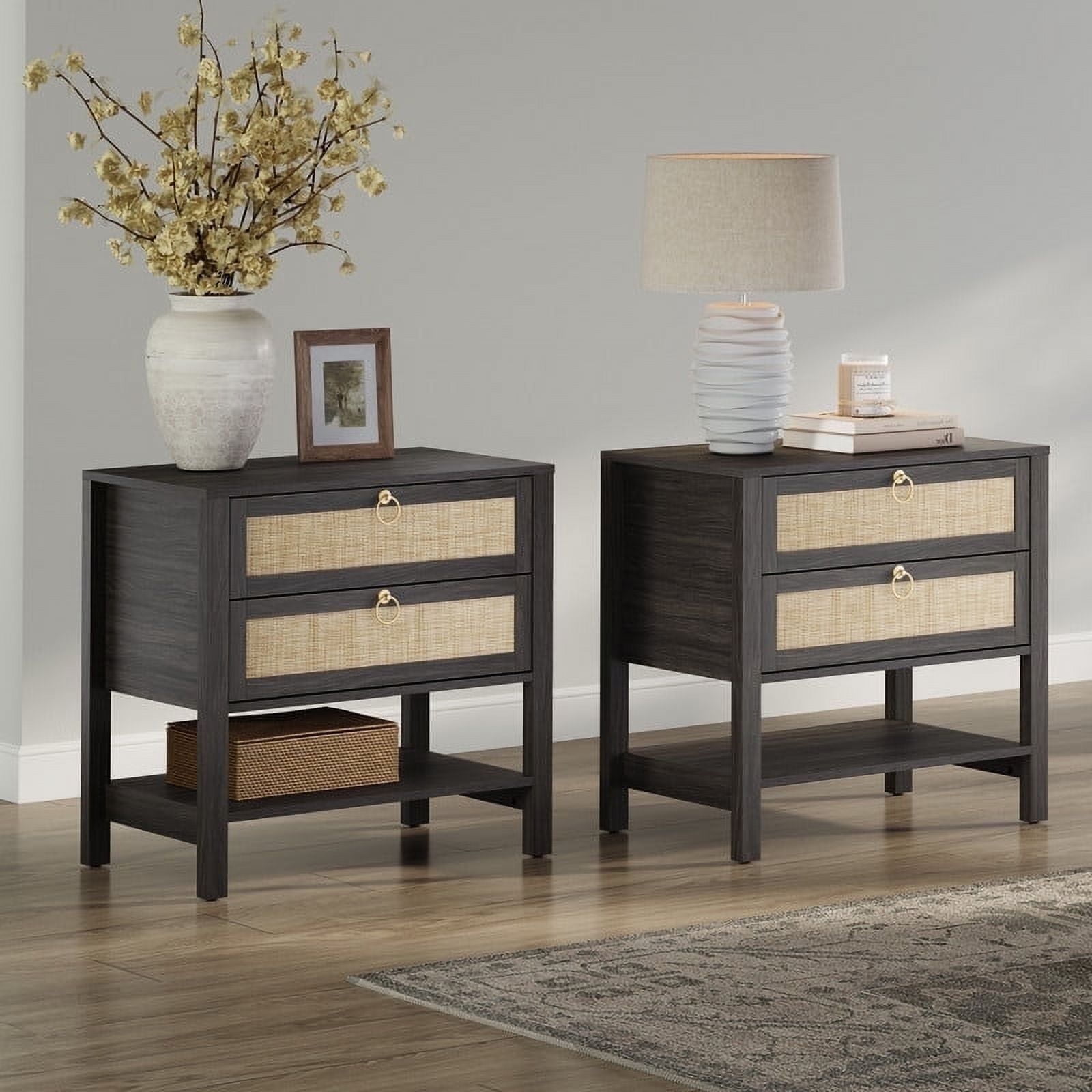 "SICOTAS Black Oak Nightstand Set of 2, 2 Drawers and Shelf, Boho ...