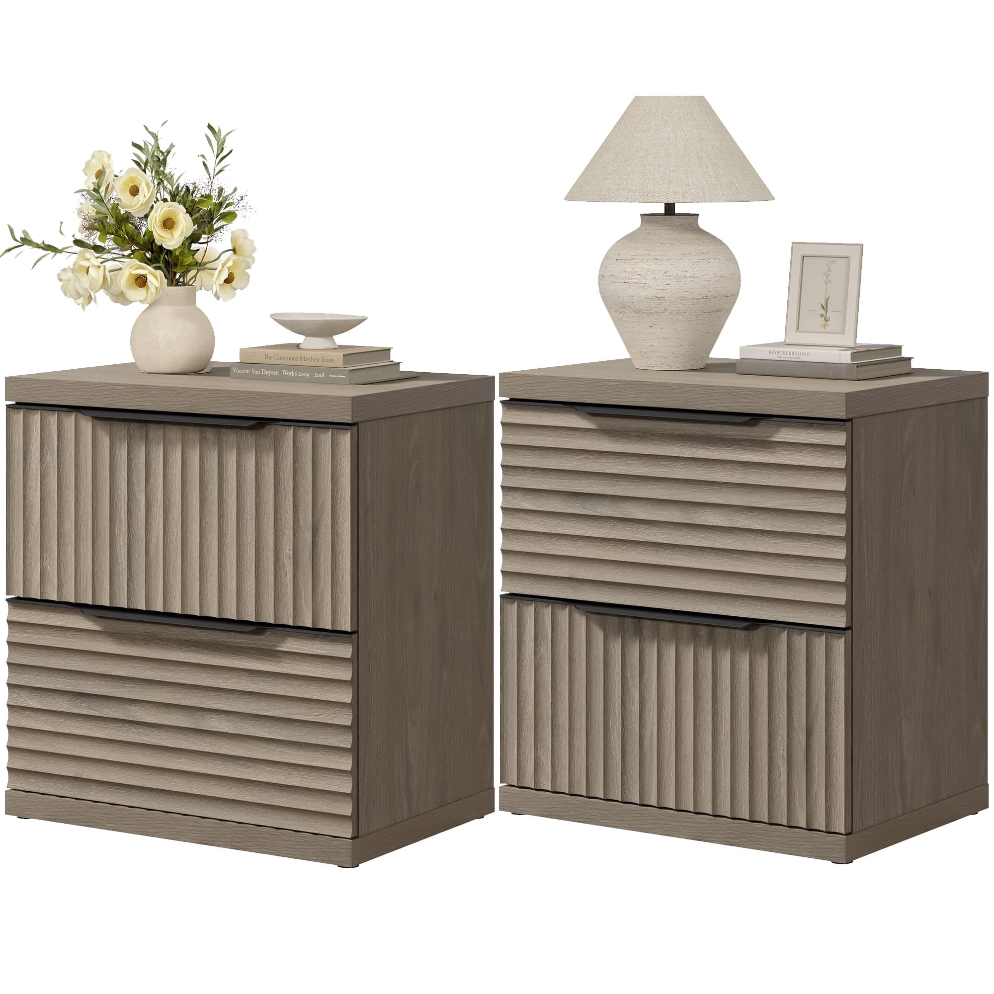SICOTAS Modern Fluted 2 Drawer Nightstands Set of 2, Small Wooden Bedside Tables with Drawers & Black Handles, End Table for Bedroom, Living Room in Grey