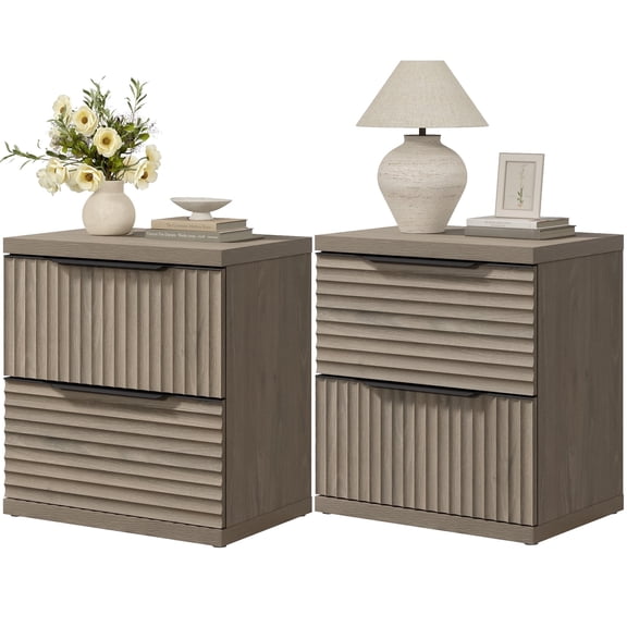 SICOTAS Modern Fluted 2 Drawer Nightstands Set of 2, Small Wooden Bedside Tables with Drawers & Black Handles, End Table for Bedroom, Living Room in Grey