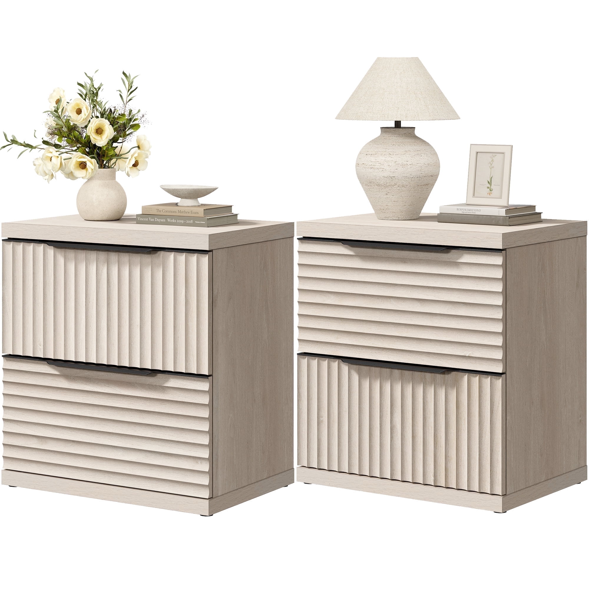 SICOTAS Modern Fluted 2 Drawer Nightstands Set of 2, Small Wooden Bedside Tables with Drawers & Black Handles, End Table for Bedroom, Living Room in Light Grey
