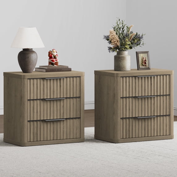 SICOTAS 26"H Tall Farmhouse 3 Drawer Nightstands Set 2, Small Modern Wood Bedside Table with 3 Fluted Drawers & Black Handles, Chest of Drawers, End Table for Bedroom Living Room Entryway, Grey Alder