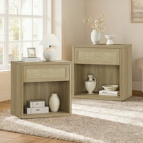 SICOTAS Rattan 27"W Nightstand Set of 2, Boho Bedside Table with Large Drawer & Open Storage Shelf, Coastal Nightstand, Small Farmhouse Wood End Side Table for Bedroom, Living Room, Natural Oak