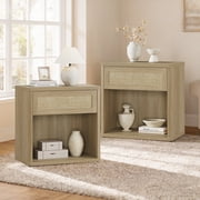 SICOTAS Rattan 27W Nightstand Set of 2, Boho Bedside Table with Large Drawer & Open Storage Shelf, Coastal Nightstand, Small Farmhouse Wood End Side Table for Bedroom, Living Room, Natural Oak
