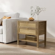 SICOTAS Nightstand for Small Spaces, Rattan Night Stands with 2 Drawers and Storage Shelf, Boho Bedside Table End Table