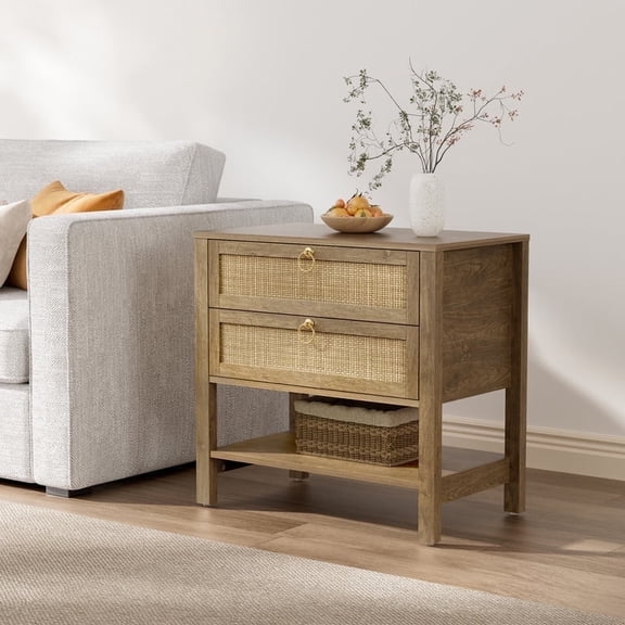 SICOTAS Nightstand for Small Spaces, Rattan Night Stands with 2 Drawers and Storage Shelf, Boho Bedside Table End Table for Bedroom Living Room Hallway,Cherry Oak