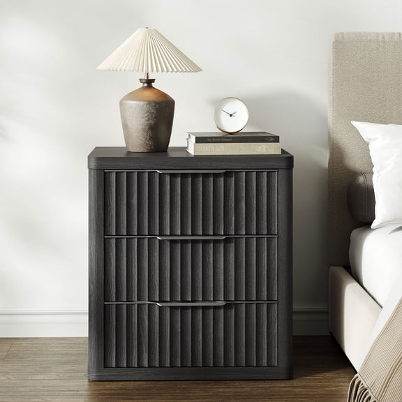SICOTAS 23”W Modern Nightstands with 3 Large Fluted Drawers & Black Handles, Small Wood Bedside Table for Bedroom, End Table for Living Room in Black Alder