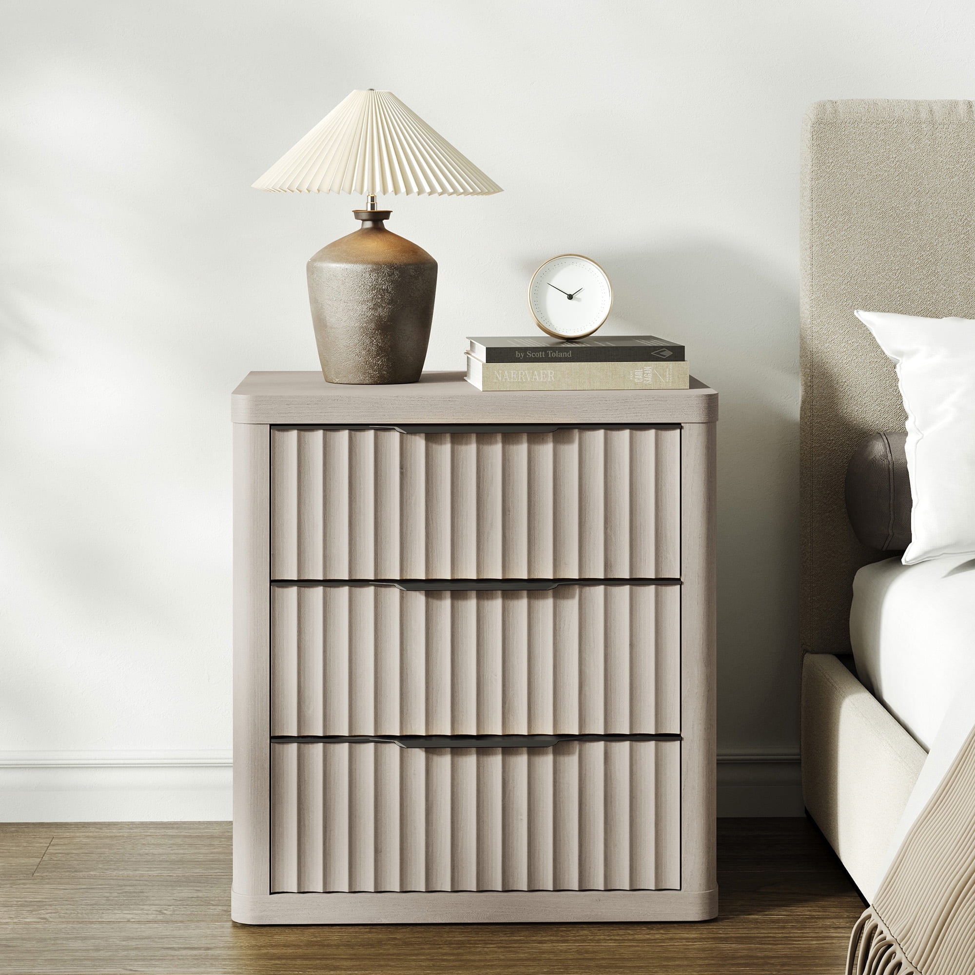 SICOTAS 23”W Farmhouse Nightstands with 3 Fluted Drawers & Black Handles, Wood Bedside Table for Bedroom, End Table for Living Room in Light Grey Alder