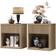 SICOTAS Fluted Nightstands for Bedroom Set of 2, Farmhouse Bedside Tables with Drawer & Open Shelf, Wood End Table for Living Room in Oak
