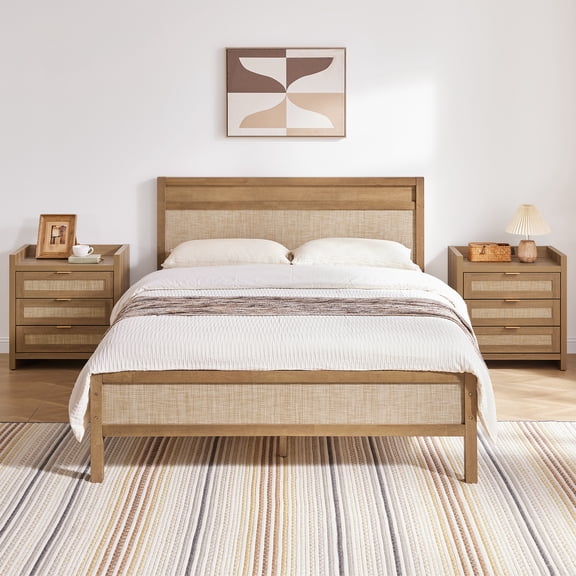 SICOTAS Queen Size Solid Wood Bed Frame with Rattan Headboard & Footboard, Bohemian Platform Bed Frame with 12 Wooden Slats Support, No Box Spring Needed, Noise Free, 1100lbs, Natural Oak