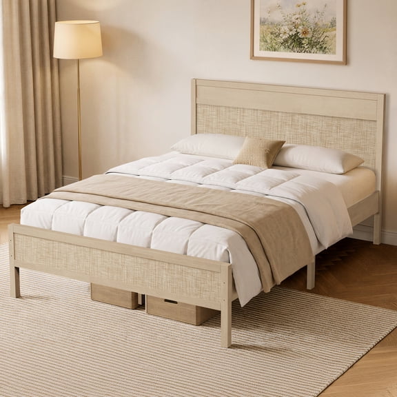 SICOTAS Queen Size Solid Wood Bed Frame with Rattan Headboard & Footboard, Bohemian Platform Bed Frame with 12 Wooden Slats Support, No Box Spring Needed, Noise Free, 1100lbs, Light Oak