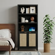 SICOTAS Rattan 5-Tier Bookcase, Black 5-Shelf Library Bookcase