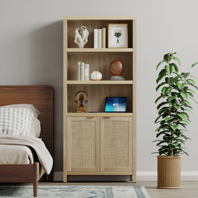 SICOTAS Rattan 5 Tier Bookshelf, Natural 5 Shelf Bookcase with Doors