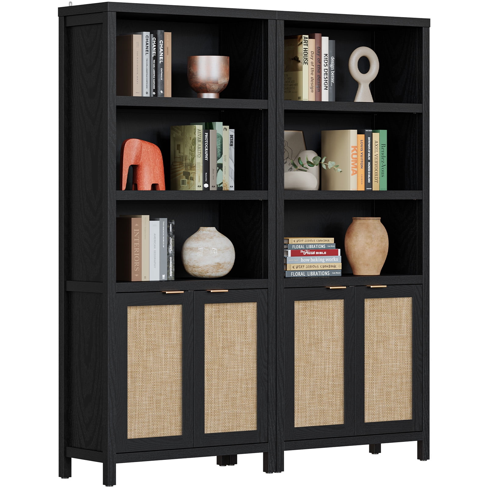 SICOTAS Rattan 5 Tier Bookshelf Set of 2, Black 5 Shelf Bookcase with ...