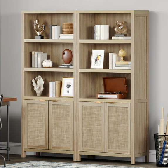 SICOTAS Rattan 5 Tier Bookcase Set, Natural 5 Shelf Library Bookcase for Home Office