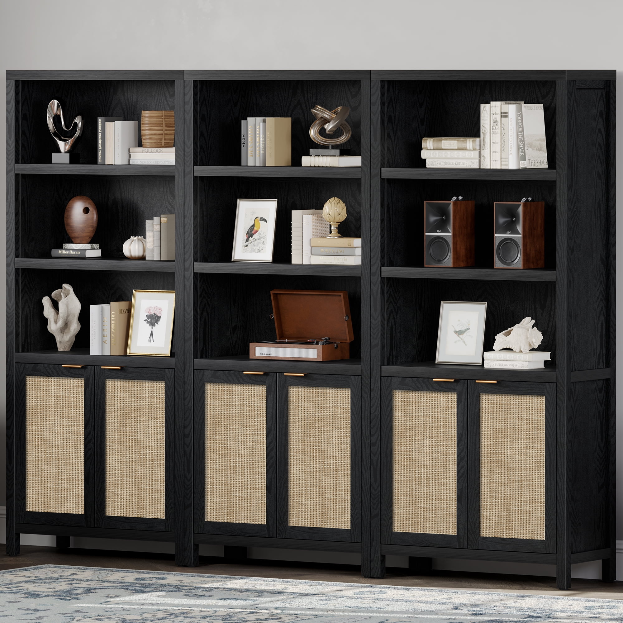 SICOTAS Rattan 5 Tier Bookshelf Set, Black 5-Shelf Library Bookcase