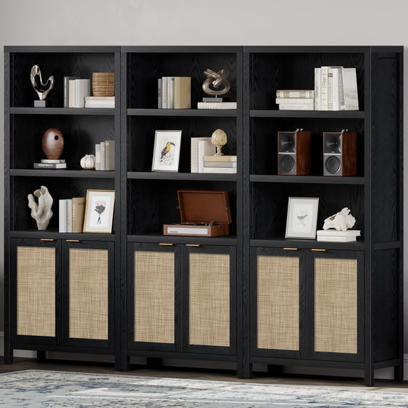 SICOTAS Rattan 5 Tier Bookshelf Set, Black 5-Shelf Library Bookcase