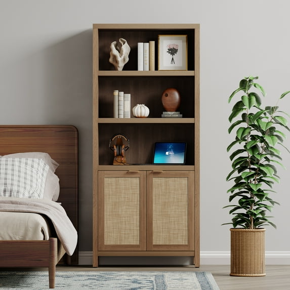 SICOTAS Rattan 5 Tier Library Bookcase, 5 Shelf Bookcase with Doors