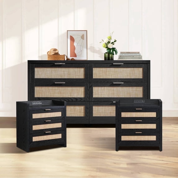 SICOTAS Rattan 6-Drawer Dresser & 3-Drawer Charging Nightstands Set - Capacious Storage, 3 Pieces Multi-Functional Furniture Set for Bedroom & Living Room, Black Oak