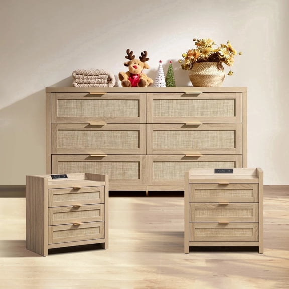 SICOTAS Rattan 6-Drawer Dresser & 3-Drawer Charging Nightstands Set - Capacious Storage, 3 Pieces Multi-Functional Furniture Set for Bedroom & Living Room,Light Oak