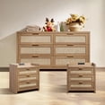 thumbnail image 1 of SICOTAS Rattan 6-Drawer Dresser & 3-Drawer Charging Nightstands Set - Capacious Storage, 3 Pieces Multi-Functional Furniture Set for Bedroom & Living Room, Natural Oak, 1 of 13