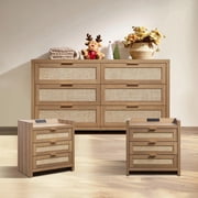 SICOTAS Rattan 6-Drawer Dresser & 3-Drawer Charging Nightstands Set - Capacious Storage, 3 Pieces Multi-Functional Furniture Set for Bedroom & Living Room, Natural Oak