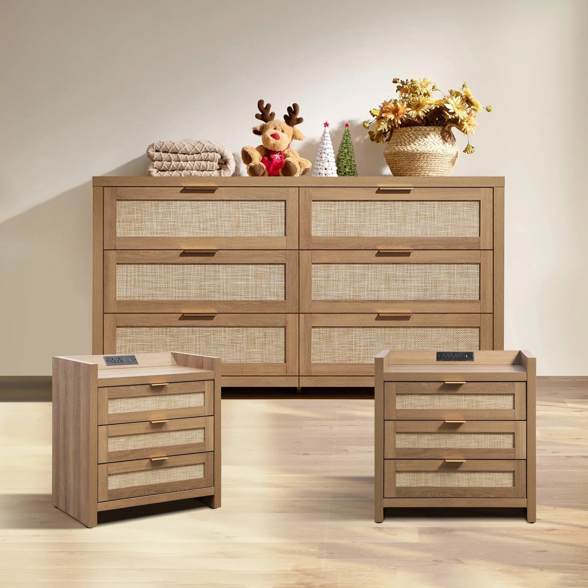 SICOTAS Rattan 6-Drawer Dresser & 3-Drawer Charging Nightstands Set - Capacious Storage, 3 Pieces Multi-Functional Furniture Set for Bedroom & Living Room, Natural Oak