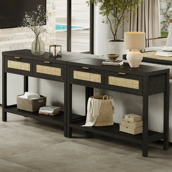SICOTAS 39.4 Inch Wide Rattan Console Table Set of 2 with 2 Drawers & Shelf, Boho Entryway table with Large Storage Capacity for Entrance Way, Hallway, Living Room - Black Oak