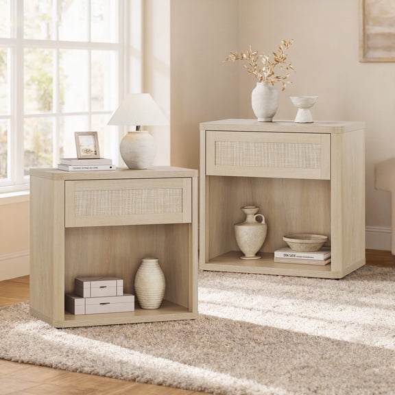 SICOTAS Rattan 27"W Nightstand Set of 2, Boho Bedside Table with Large Drawer & Open Storage Shelf, Coastal Nightstand, Small Farmhouse Wood End Side Table for Bedroom, Living Room, Light Oak