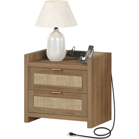 SICOTAS Rattan Nightstand with Charging Station USB Port, Boho Bedside Table with 2 Storage Drawers, End Table Side Table for Living Room, Bedroom