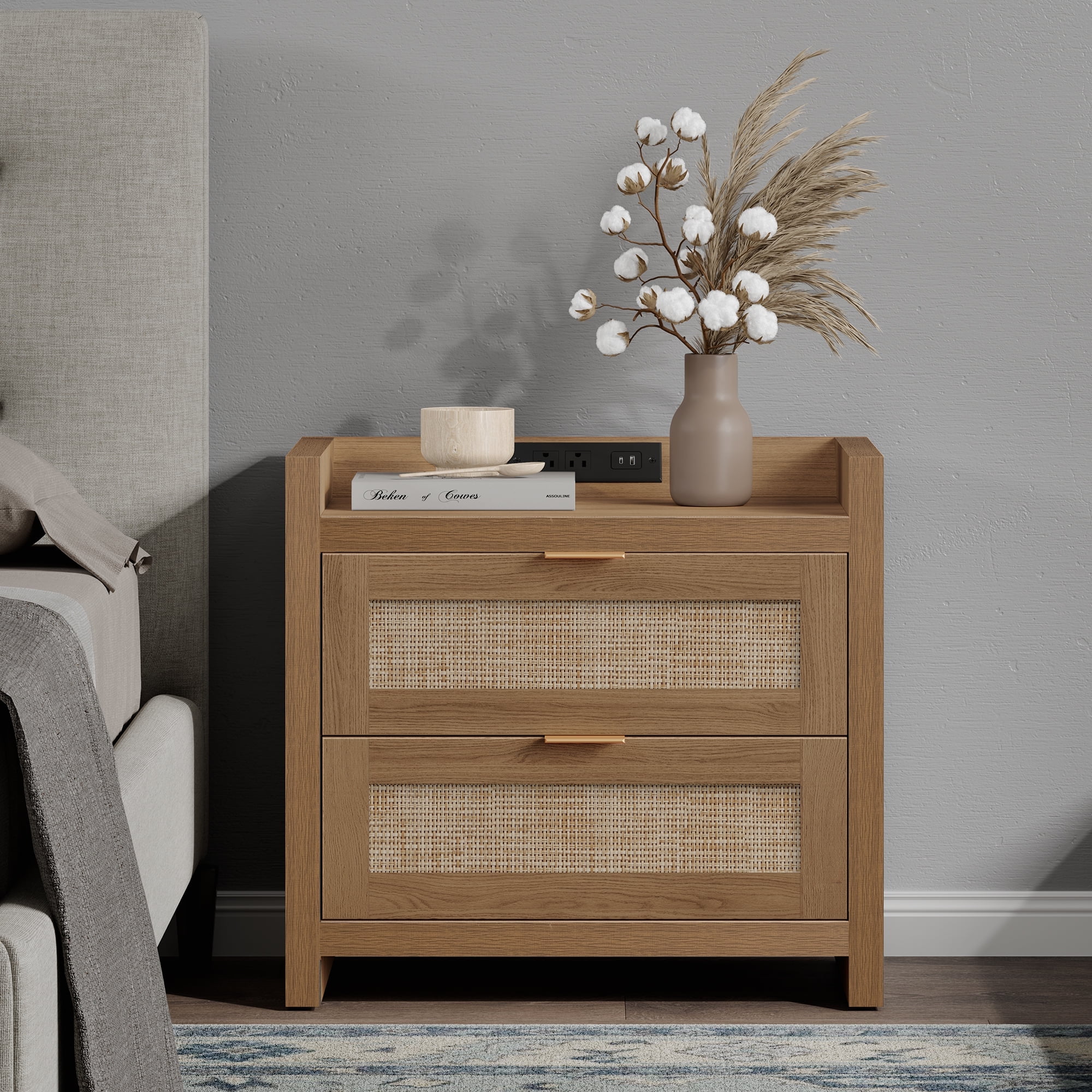 SICOTAS Boho Rattan Nightstand with USB Charging Station, 2 Drawers for ...