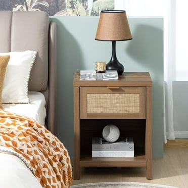 SICOTAS Rattan Nightstand with Drawer and Storage, 1 Piece