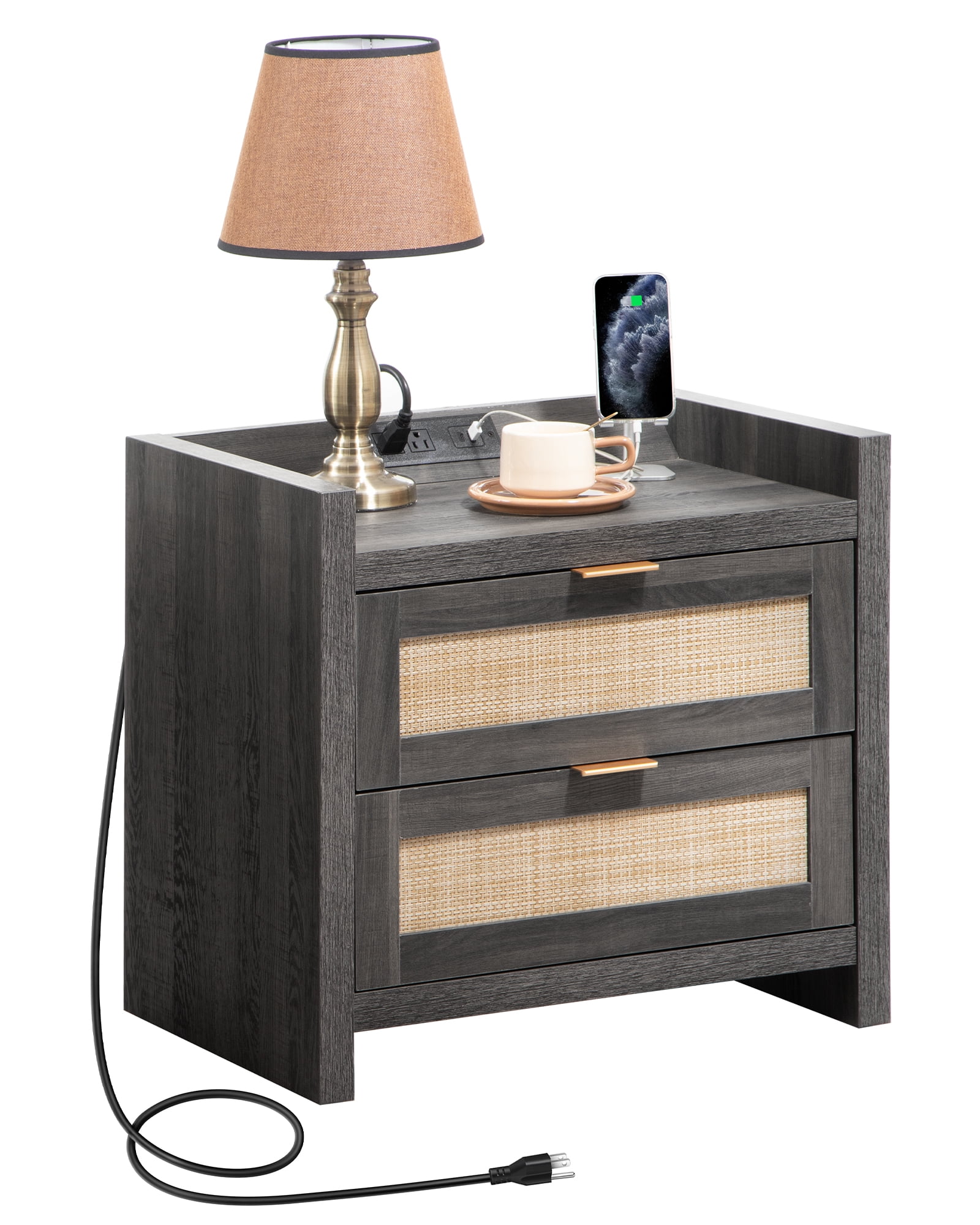SICOTAS Black Rattan Nightstand, USB Charging Port, 2Drawer Bedside
