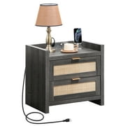 SICOTAS Rattan Nightstands with Charging Station, USB Port, Boho Bedside Table with 2 Storage Drawers, End Table Side Table for Living Room, Bedroom，Black