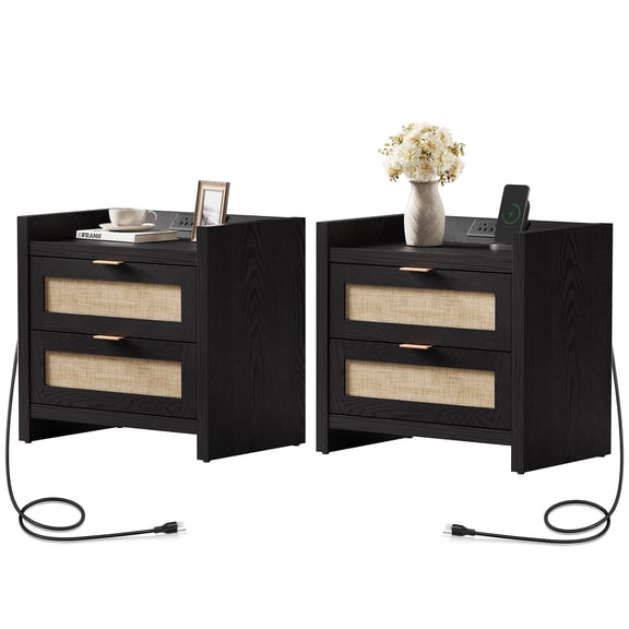 SICOTAS Rattan Nightstands Set of 2 with Charging Station, USB Port, Boho Bedside Table with 2 Storage Drawers, End Table Side Table for Living Room, Bedroom - Black Oak