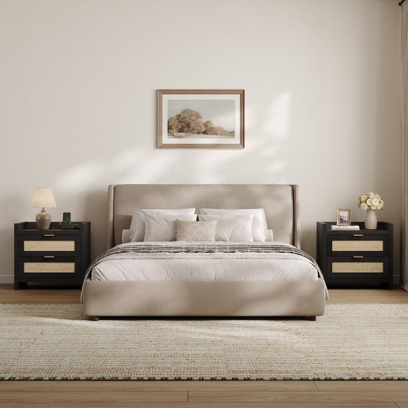 SICOTAS Rattan Nightstands Set of 2 with Charging Station, USB Port, Boho Bedside Table with 2 Storage Drawers, End Table Side Table for Living Room, Bedroom - Black Oak