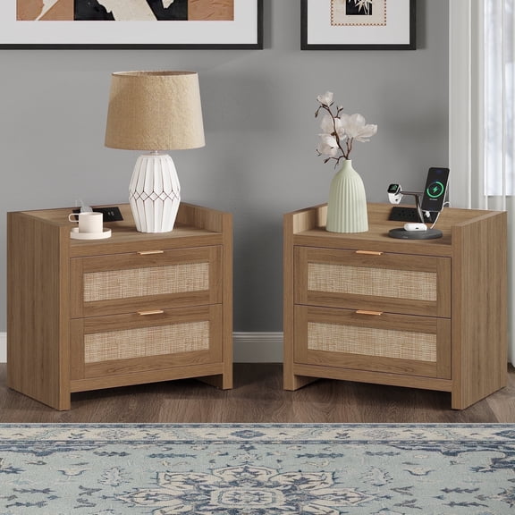 SICOTAS Boho Nightstands Set of 2, Rattan Accent with USB Charging Station, Gliding Storage Drawers, for Living Room