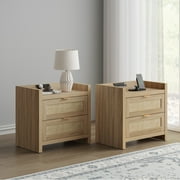 SICOTAS Rattan Nightstands Set of 2 with Charging Station, USB Port, Boho Bedside Table with 2 Storage Drawers, End Tabl