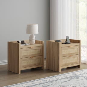 SICOTAS Rattan Nightstands Set of 2 with Charging Station, USB Port, Boho Bedside Table with 2 Storage Drawers, End Table Side Table for Living Room, Bedroom