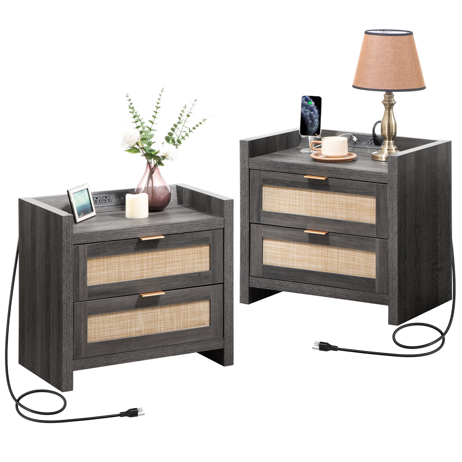 SICOTAS Rattan Nightstands Set of 2 with USB Port, 2 Drawers, Wood Side
