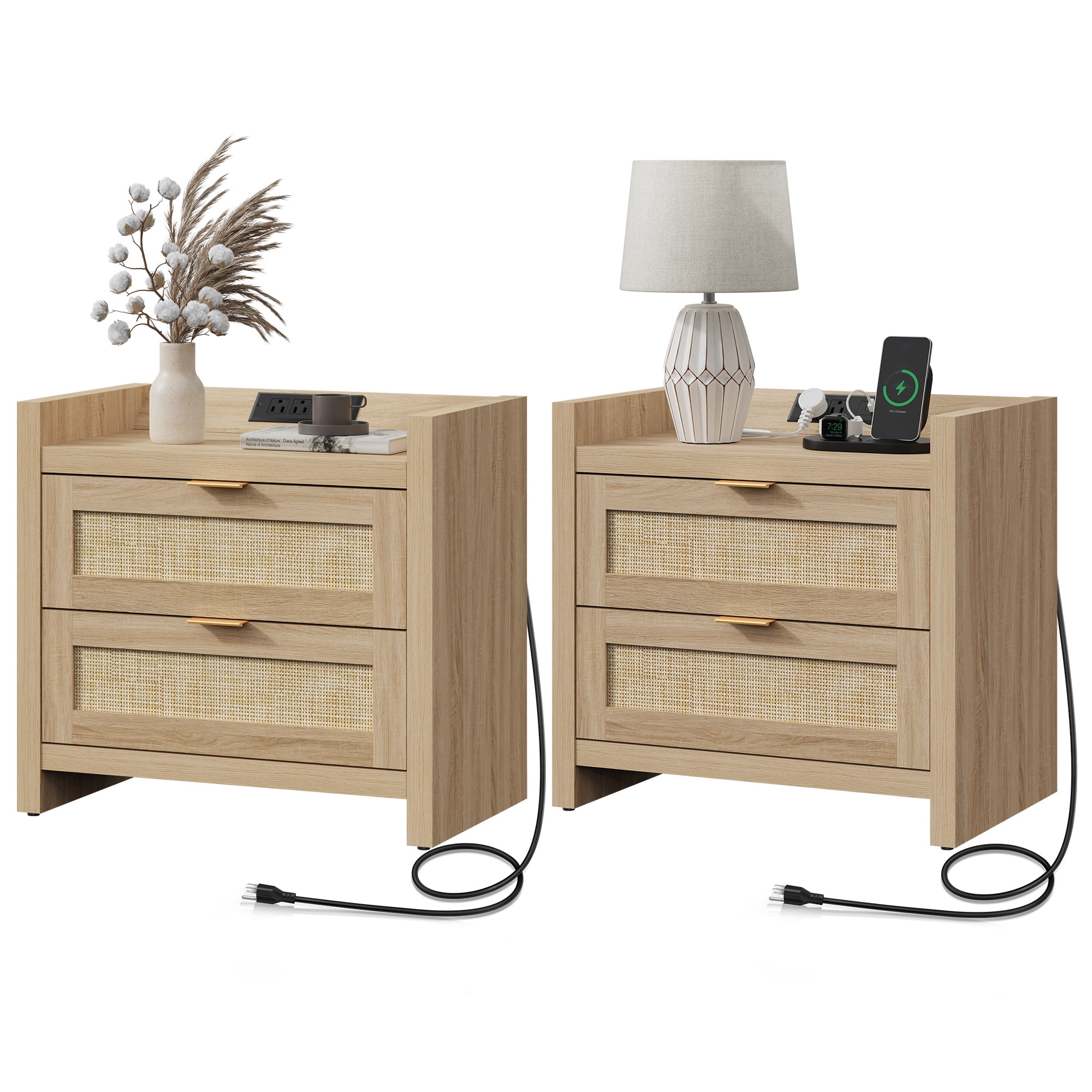 SICOTAS Rattan Nightstands Set of 2 with Charging Station, USB Port, Boho Bedside Table with 2 Storage Drawers, End Table Side Table for Living Room, Bedroom