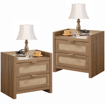 SICOTAS Rattan Nightstands Set of 2 with Charging Station, USB Port, Boho Bedside Table with 2 Storage Drawers, End Table Side Table for Living Room, Bedroom