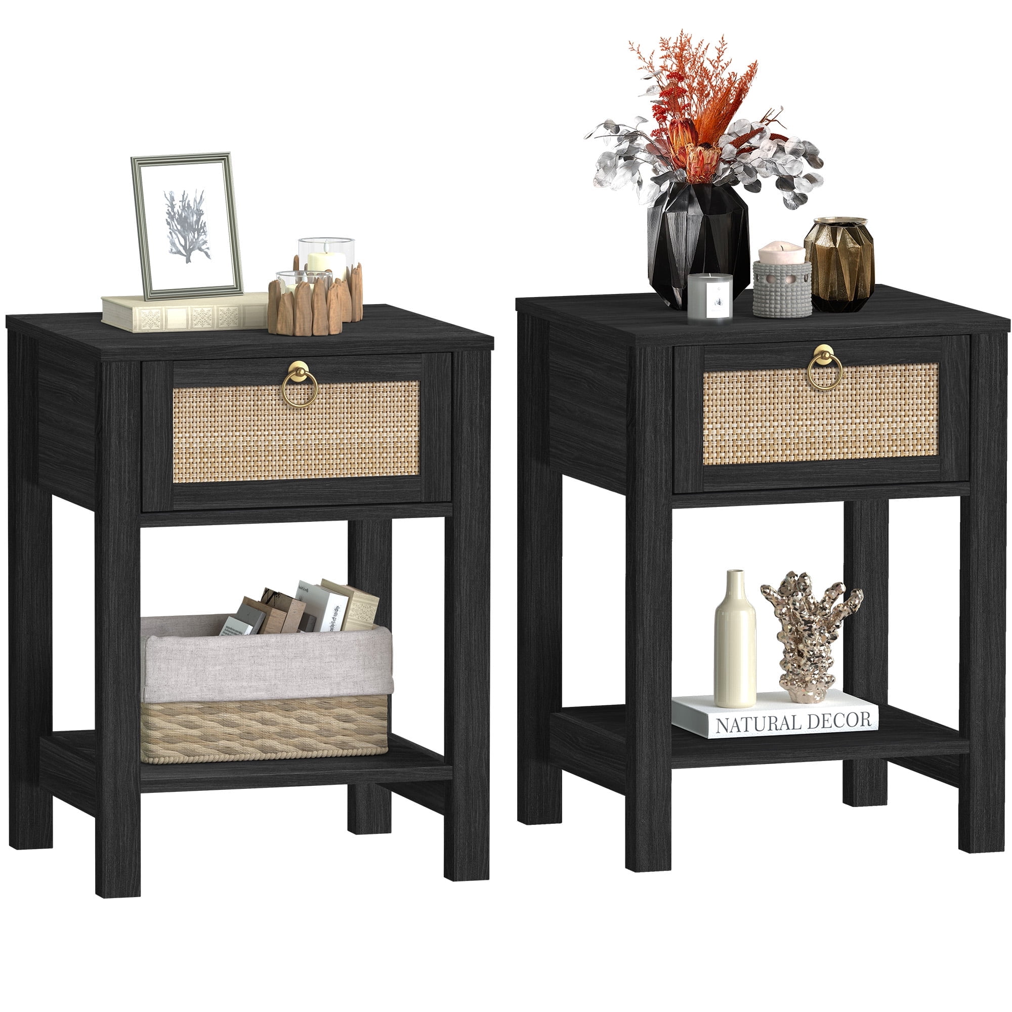 SICOTAS Rattan Nightstands Set of 2, Black Farmhouse Boho End Side Table with Drawers, Engineered Wood Accent Bedside Table for Bedroom, Living Room