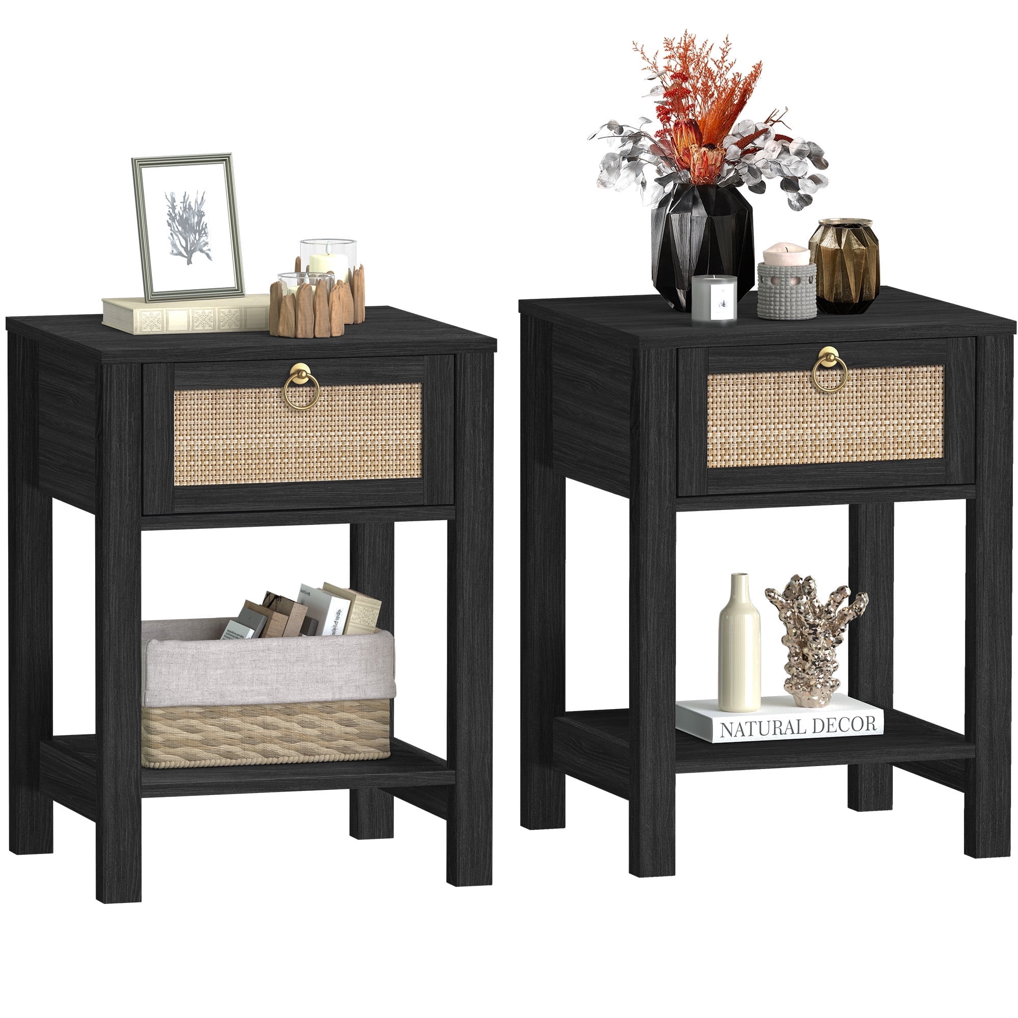 SICOTAS Rattan Nightstands Set of 2, Black Farmhouse Boho End Side Table with Drawers, Engineered Wood Accent Bedside Table for Bedroom, Living Room