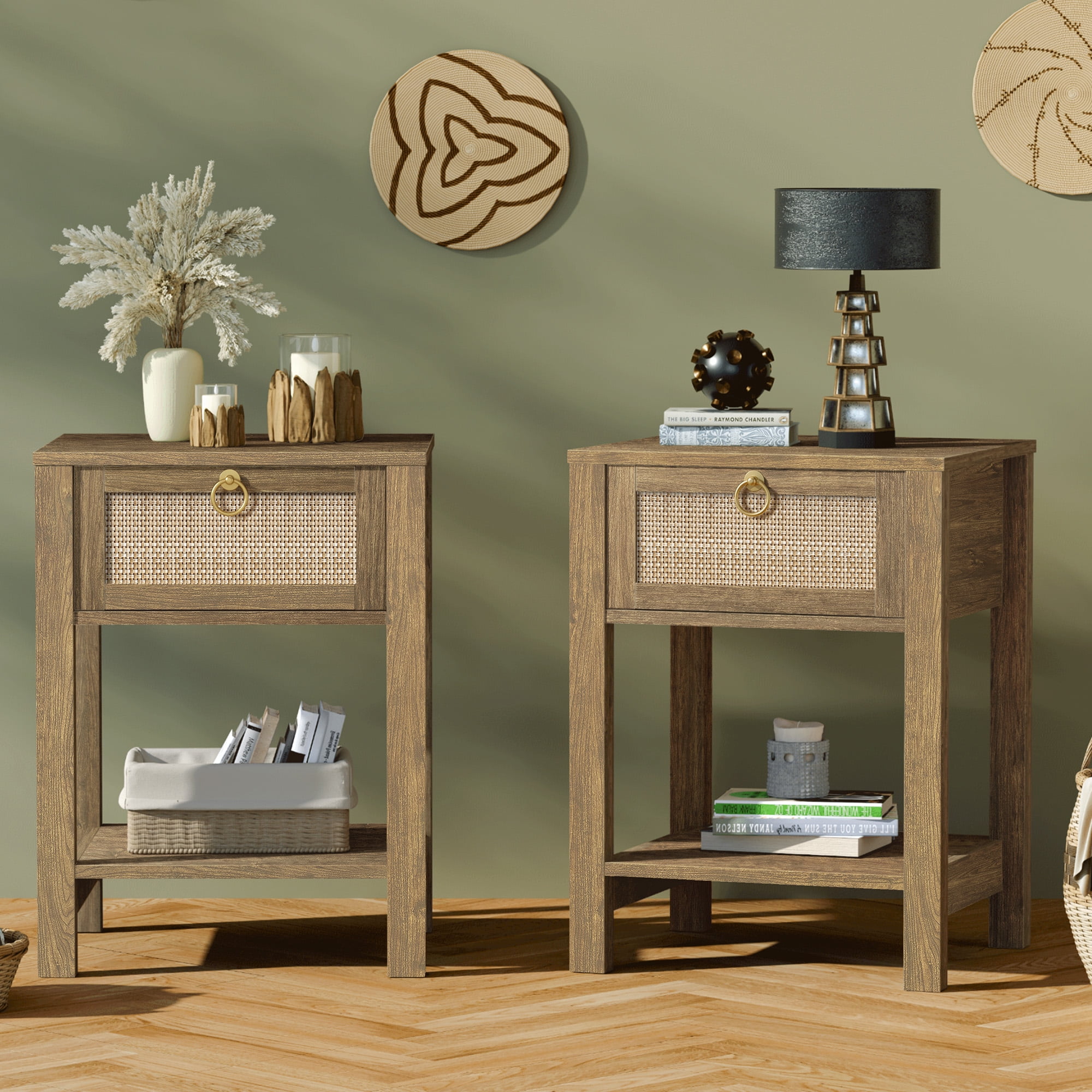 SICOTAS Rattan Nightstands Set of 2, Cherry Farmhouse Boho End Side Table with Drawers, Engineered Wood Accent Bedside Table for Bedroom, Living Room